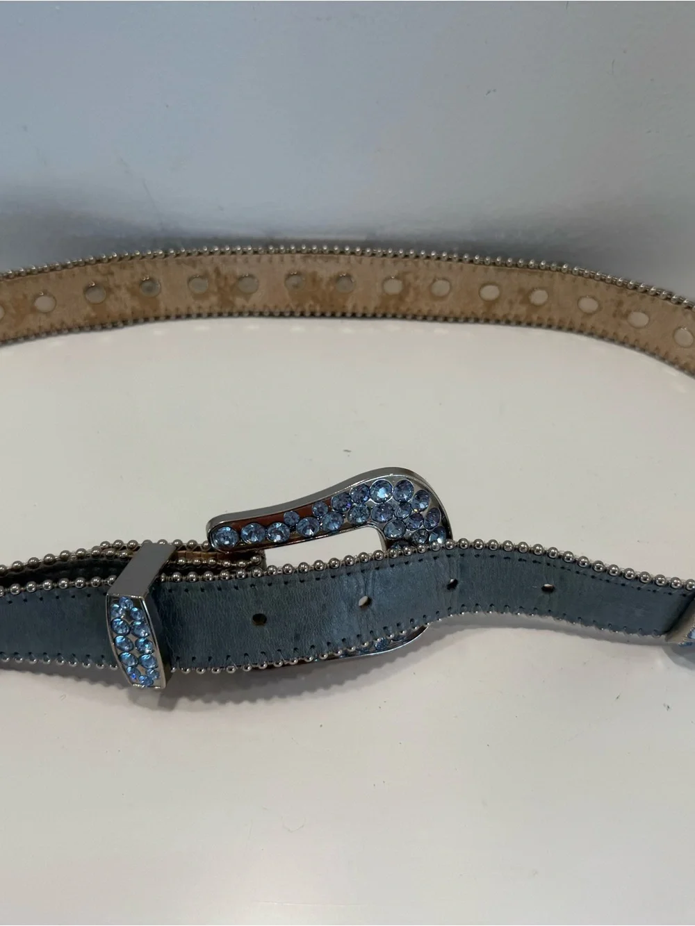 B.B. Simon Swarovski Crystal Embellished Light Blue Leather Belt - Women’s